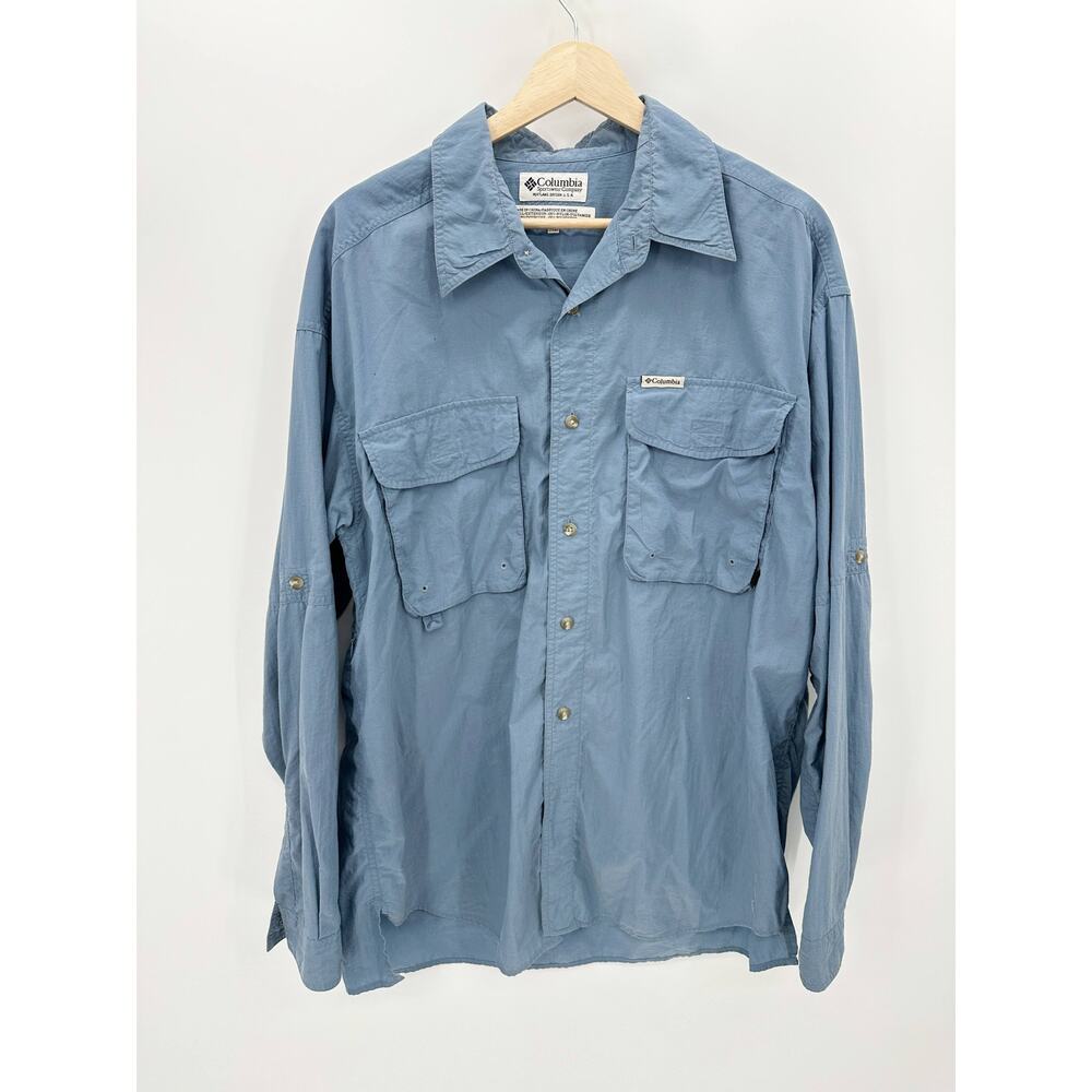 Columbia Shirt Men XL Blue VTG Long Sleeve Collared Button Up Side Zip Nylon